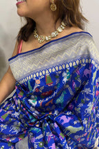Blue Handloom Banarasi Pure Katan Silk Animal Flower Design Meenkari Saree - Luxurion World