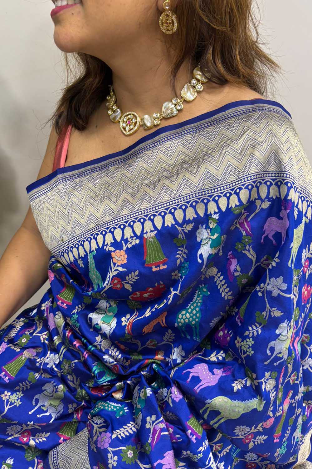 Blue Handloom Banarasi Pure Katan Silk Animal Flower Design Meenkari Saree - Luxurion World