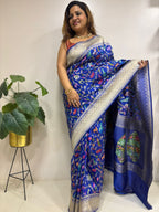 Blue Handloom Banarasi Pure Katan Silk Animal Flower Design Meenkari Saree - Luxurion World