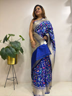 Blue Handloom Banarasi Pure Katan Silk Animal Flower Design Meenkari Saree - Luxurion World