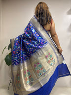 Blue Handloom Banarasi Pure Katan Silk Animal Flower Design Meenkari Saree - Luxurion World