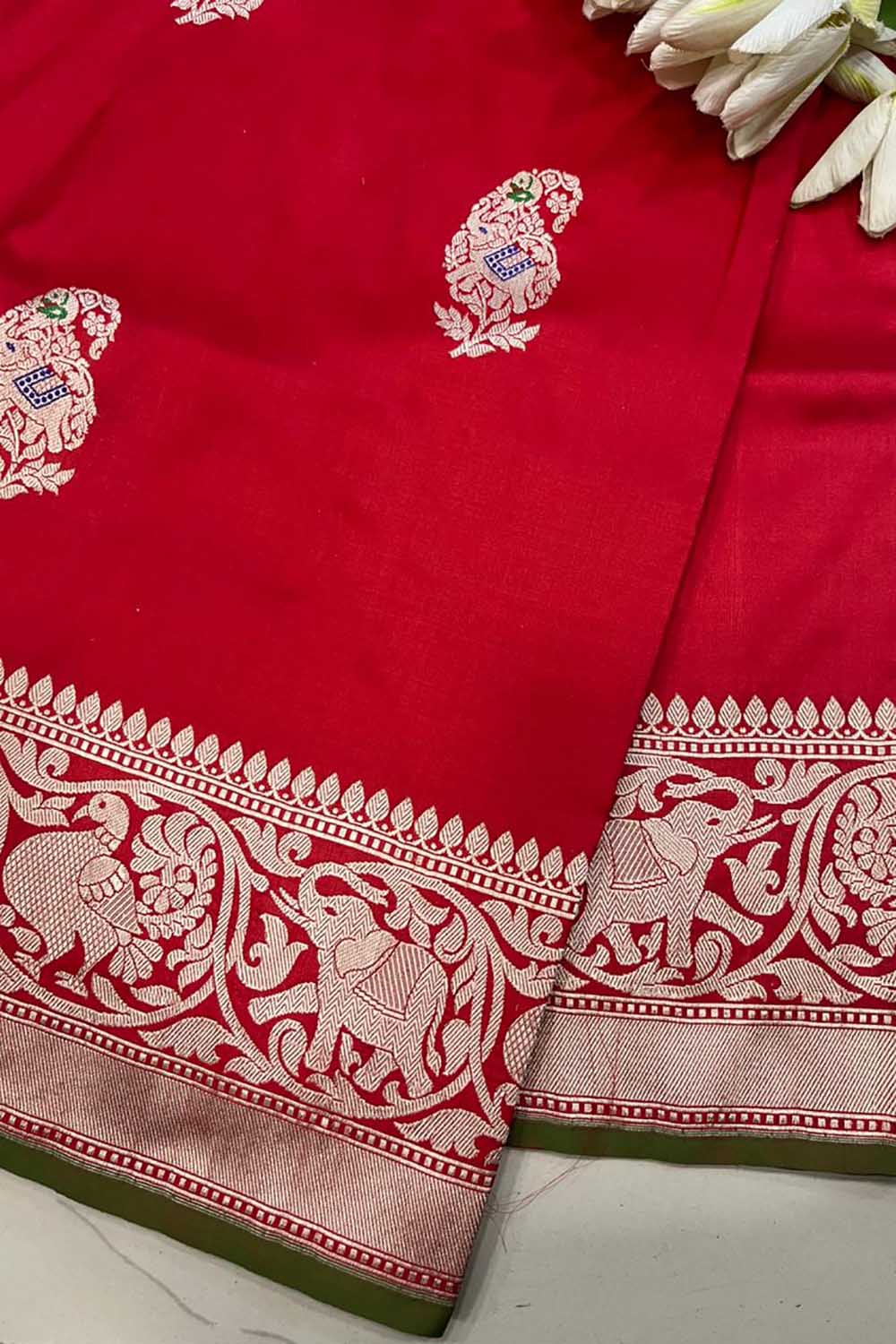 Red Handloom Banarasi Pure Katan Silk Paisley Design Meenakari Saree - Luxurion World