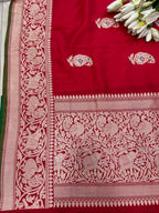 Red Handloom Banarasi Pure Katan Silk Paisley Design Meenakari Saree - Luxurion World