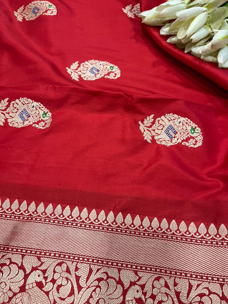 Red Handloom Banarasi Pure Katan Silk Paisley Design Meenakari Saree - Luxurion World