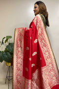 Red Handloom Banarasi Pure Katan Silk Paisley Design Meenakari Saree - Luxurion World