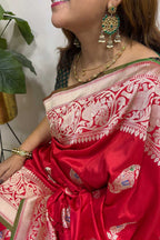 Red Handloom Banarasi Pure Katan Silk Paisley Design Meenakari Saree - Luxurion World