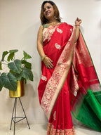 Red Handloom Banarasi Pure Katan Silk Paisley Design Meenakari Saree - Luxurion World