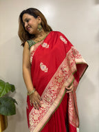 Red Handloom Banarasi Pure Katan Silk Paisley Design Meenakari Saree - Luxurion World