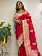 Red Handloom Banarasi Pure Katan Silk Paisley Design Meenakari Saree - Luxurion World