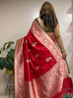 Red Handloom Banarasi Pure Katan Silk Paisley Design Meenakari Saree - Luxurion World