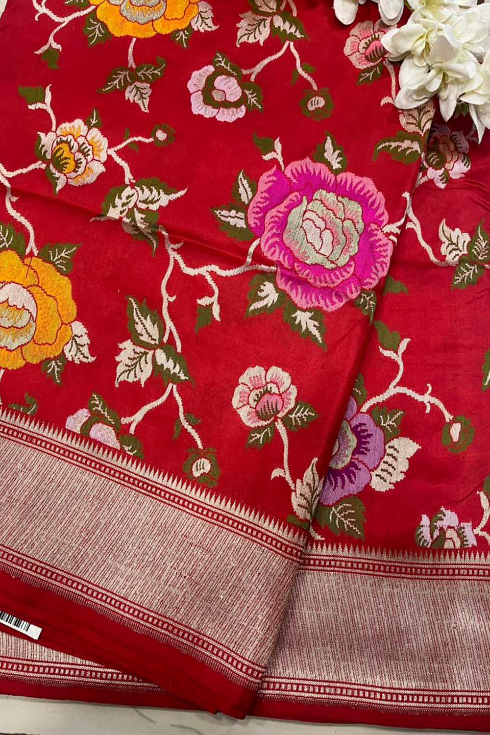 Red Handloom Banarasi Pure Katan Silk Meenkari Flower Design Saree - Luxurion World
