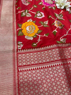 Red Handloom Banarasi Pure Katan Silk Meenkari Flower Design Saree - Luxurion World
