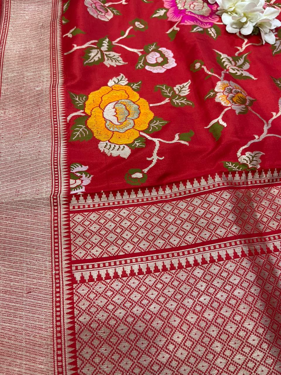 Red Handloom Banarasi Pure Katan Silk Meenkari Flower Design Saree - Luxurion World
