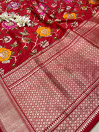 Red Handloom Banarasi Pure Katan Silk Meenkari Flower Design Saree - Luxurion World