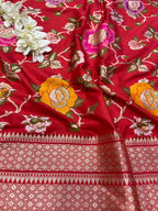Red Handloom Banarasi Pure Katan Silk Meenkari Flower Design Saree - Luxurion World