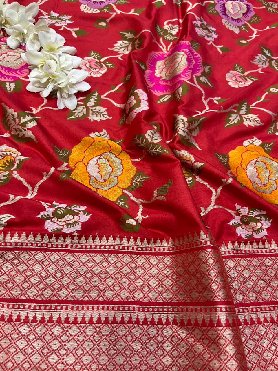 Red Handloom Banarasi Pure Katan Silk Meenkari Flower Design Saree - Luxurion World