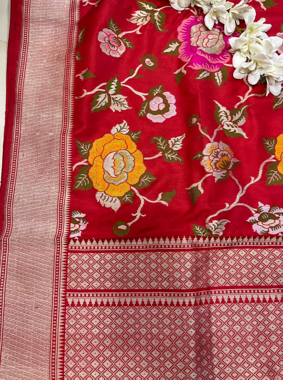 Red Handloom Banarasi Pure Katan Silk Meenkari Flower Design Saree - Luxurion World