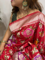 Red Handloom Banarasi Pure Katan Silk Meenkari Flower Design Saree - Luxurion World