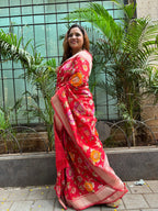 Red Handloom Banarasi Pure Katan Silk Meenkari Flower Design Saree - Luxurion World