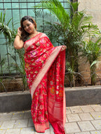 Red Handloom Banarasi Pure Katan Silk Meenkari Flower Design Saree - Luxurion World