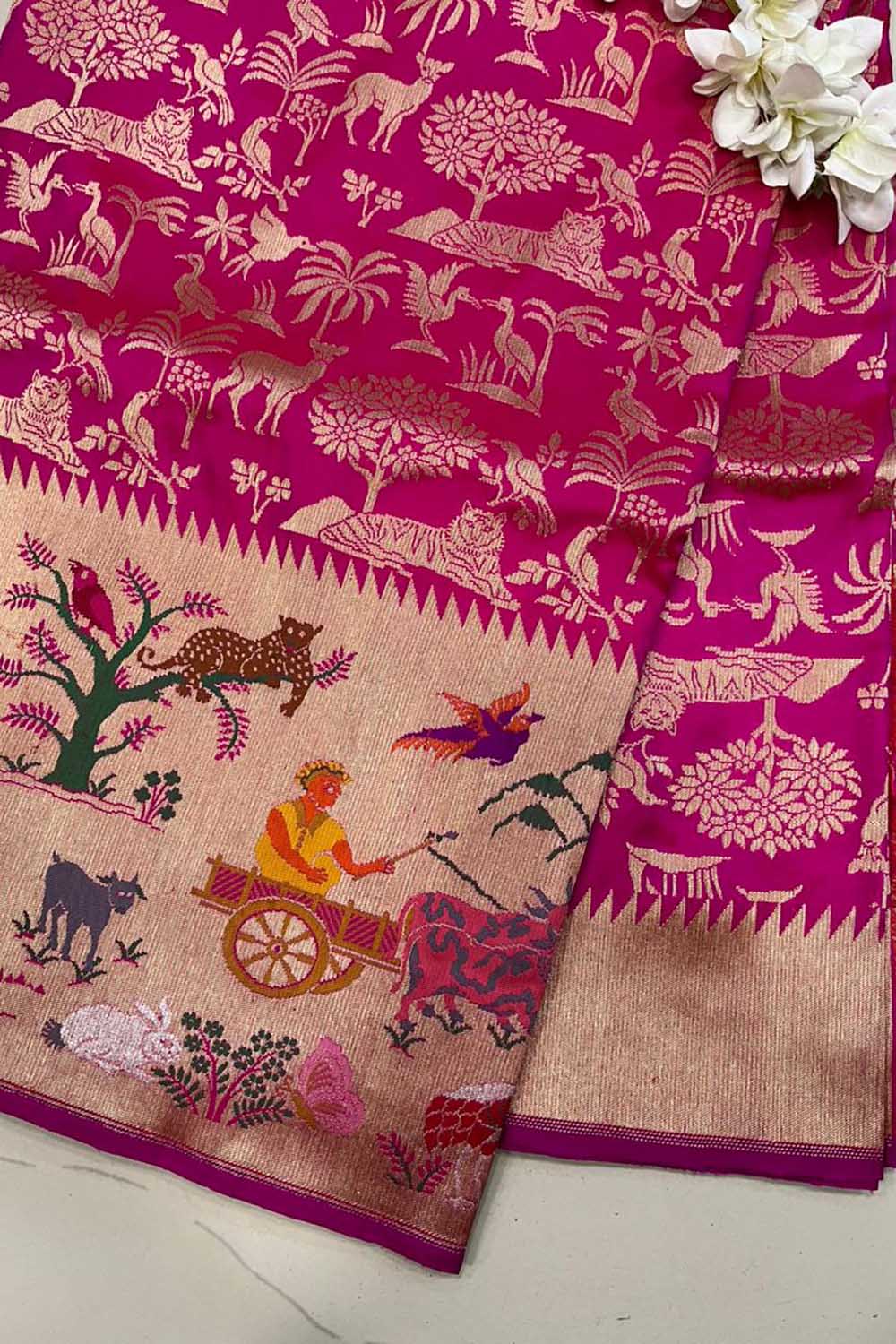 Pink Handloom Banarasi Pure Katan Silk Village Design Meenakari Saree - Luxurion World