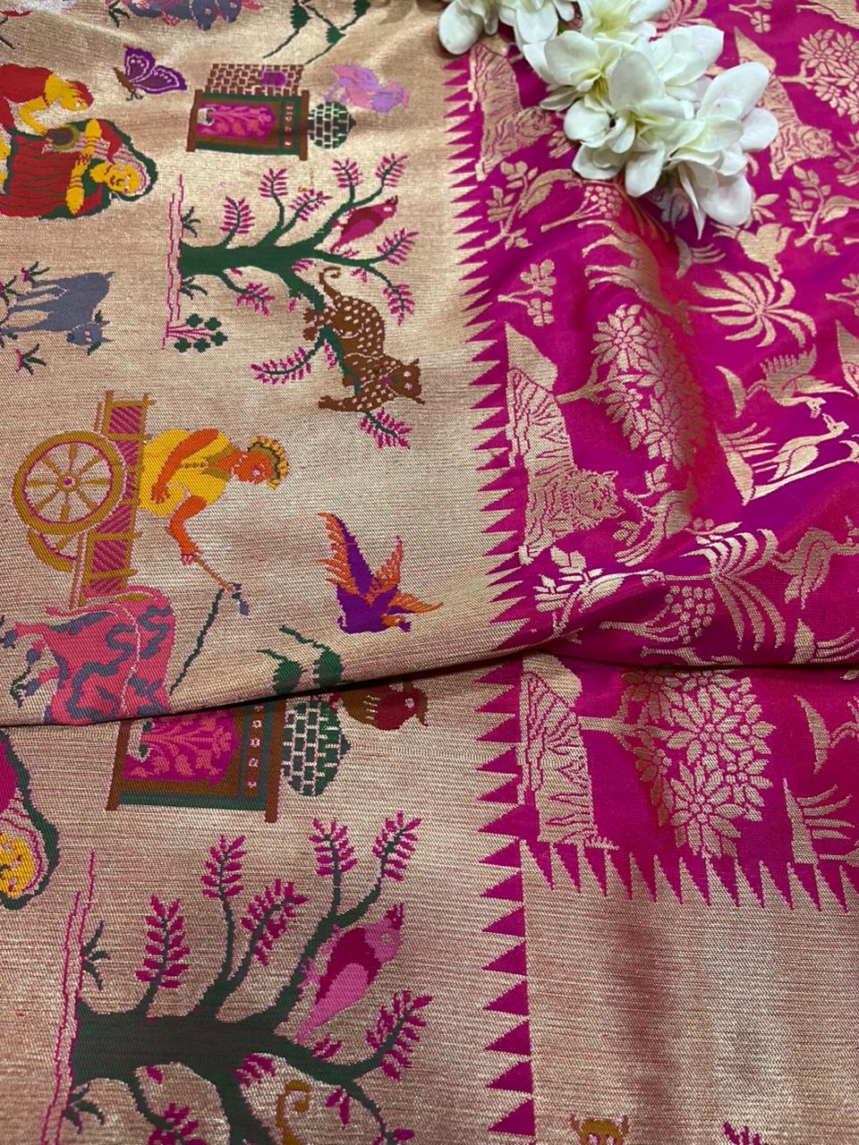 Pink Handloom Banarasi Pure Katan Silk Village Design Meenakari Saree - Luxurion World