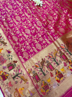 Pink Handloom Banarasi Pure Katan Silk Village Design Meenakari Saree - Luxurion World