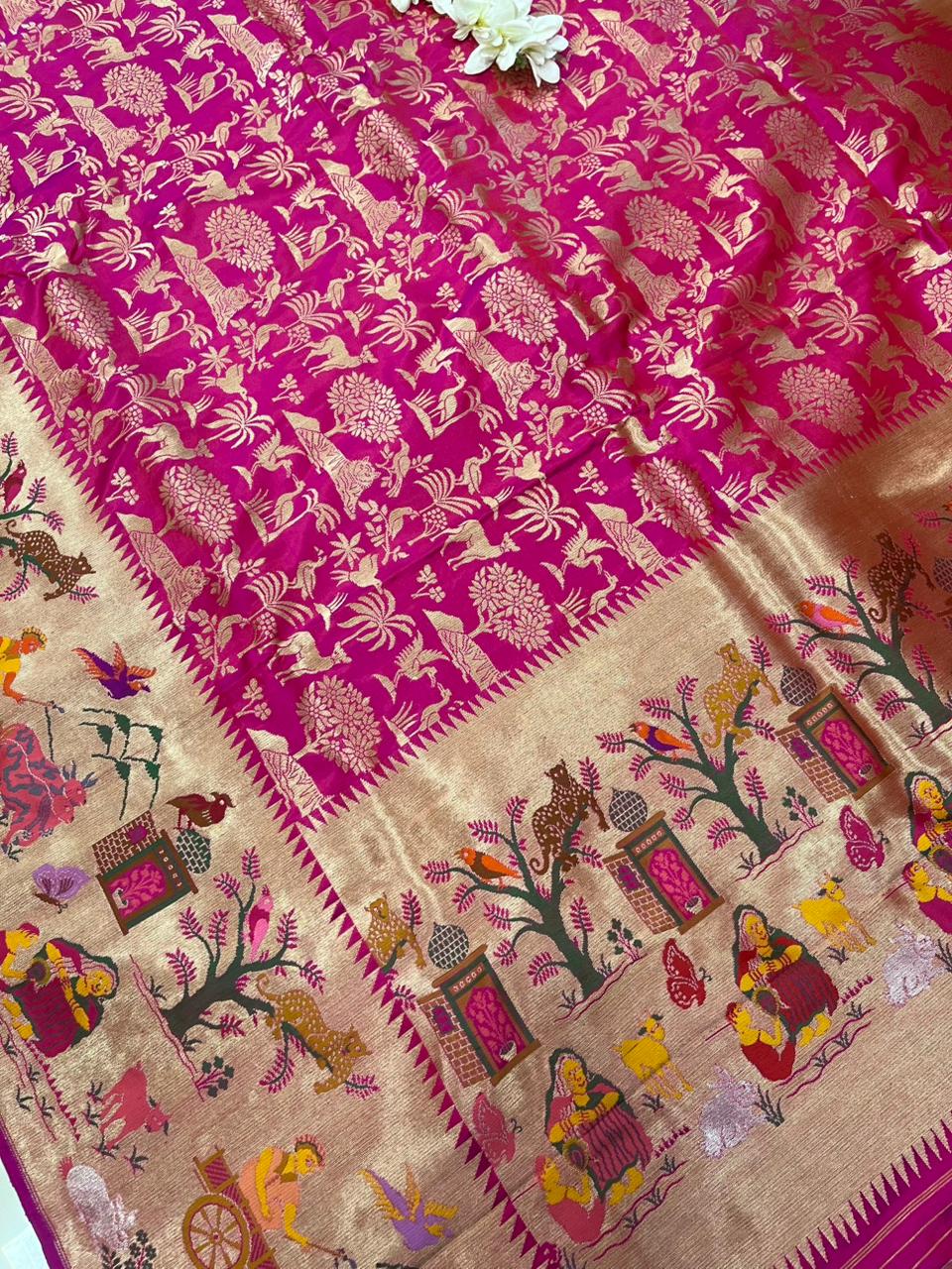 Pink Handloom Banarasi Pure Katan Silk Village Design Meenakari Saree - Luxurion World