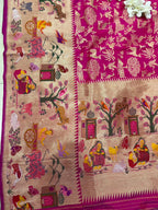 Pink Handloom Banarasi Pure Katan Silk Village Design Meenakari Saree - Luxurion World