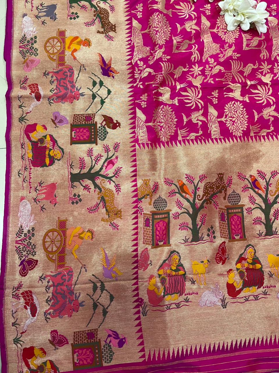 Pink Handloom Banarasi Pure Katan Silk Village Design Meenakari Saree - Luxurion World
