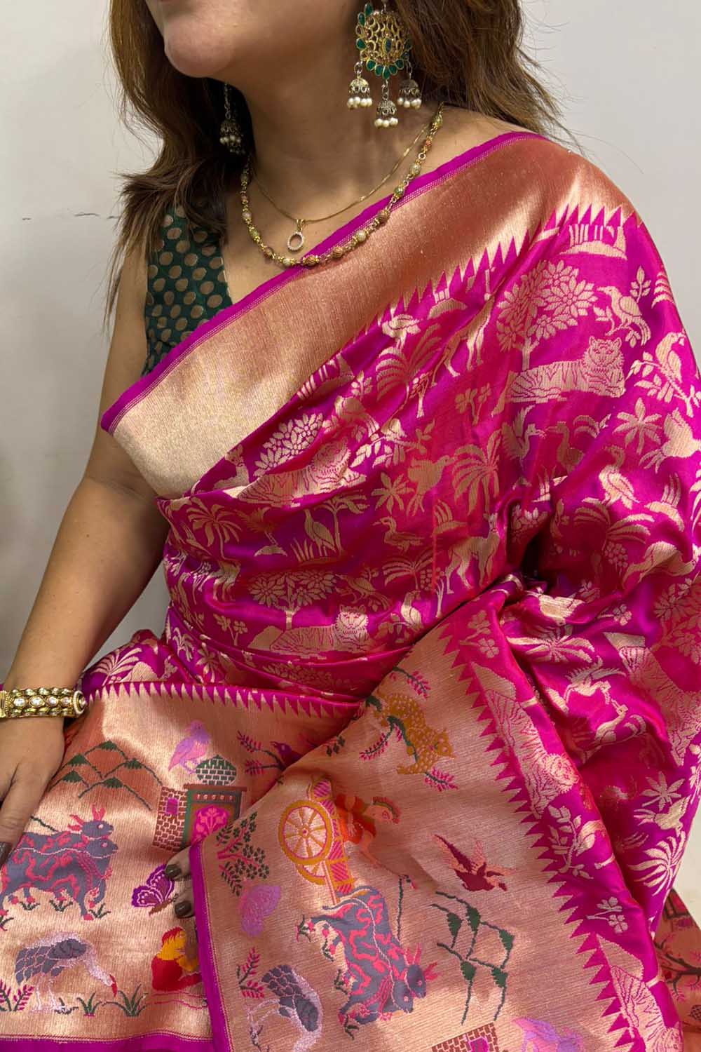 Pink Handloom Banarasi Pure Katan Silk Village Design Meenakari Saree - Luxurion World