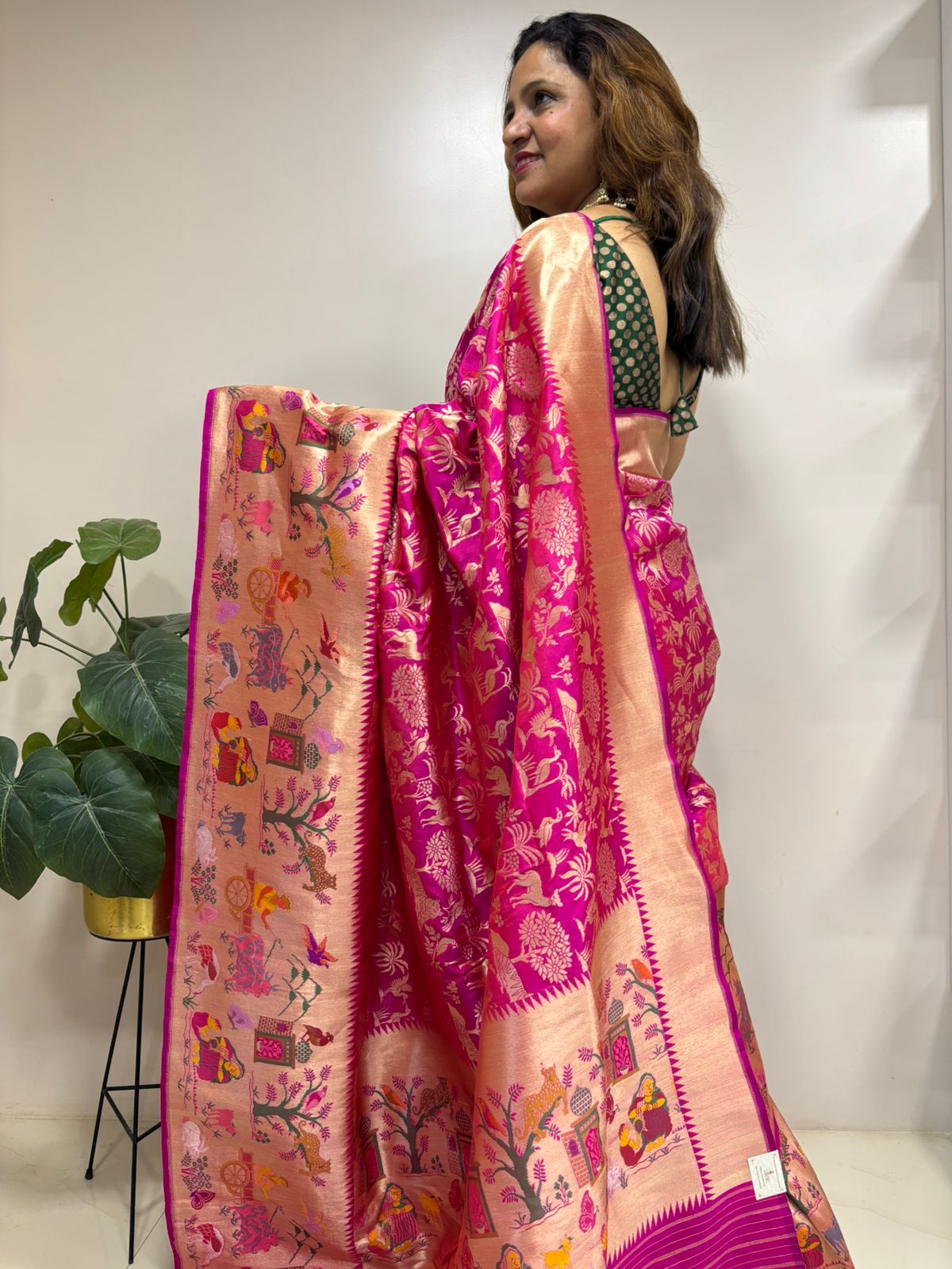 Pink Handloom Banarasi Pure Katan Silk Village Design Meenakari Saree - Luxurion World