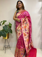Pink Handloom Banarasi Pure Katan Silk Village Design Meenakari Saree - Luxurion World