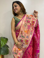Pink Handloom Banarasi Pure Katan Silk Village Design Meenakari Saree - Luxurion World