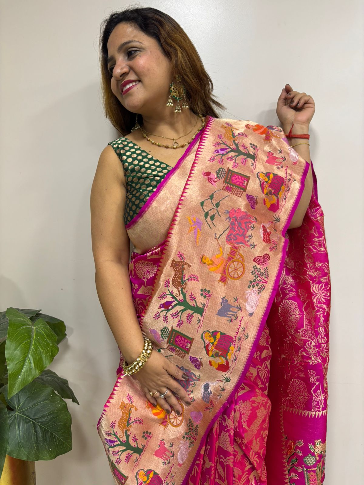 Pink Handloom Banarasi Pure Katan Silk Village Design Meenakari Saree - Luxurion World