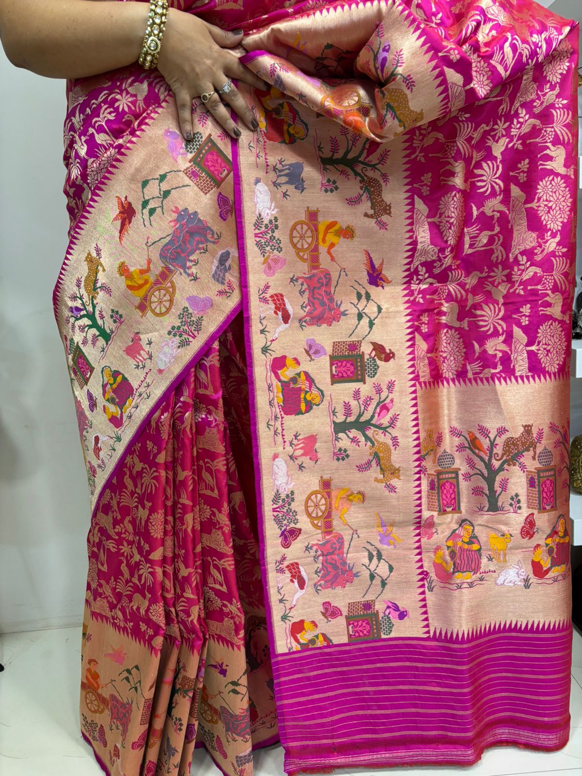 Pink Handloom Banarasi Pure Katan Silk Village Design Meenakari Saree - Luxurion World