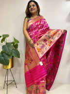 Pink Handloom Banarasi Pure Katan Silk Village Design Meenakari Saree - Luxurion World