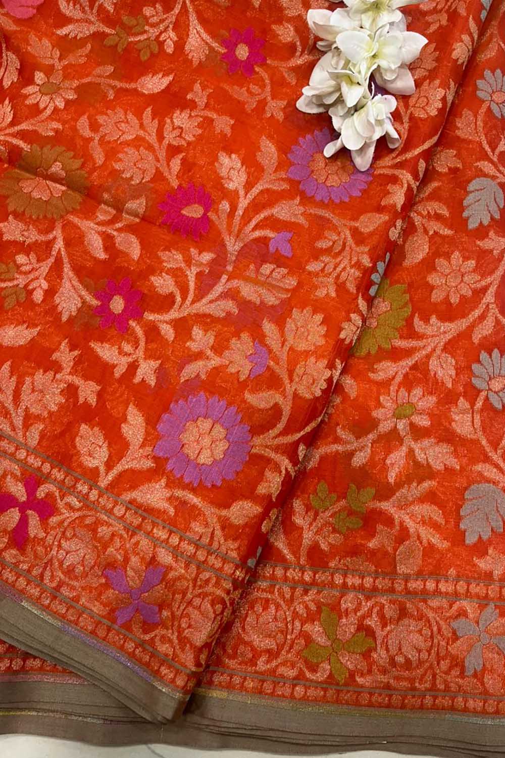 Orange Handloom Banarasi Jamdani Meenakari Pure Katan Silk Saree - Luxurion World