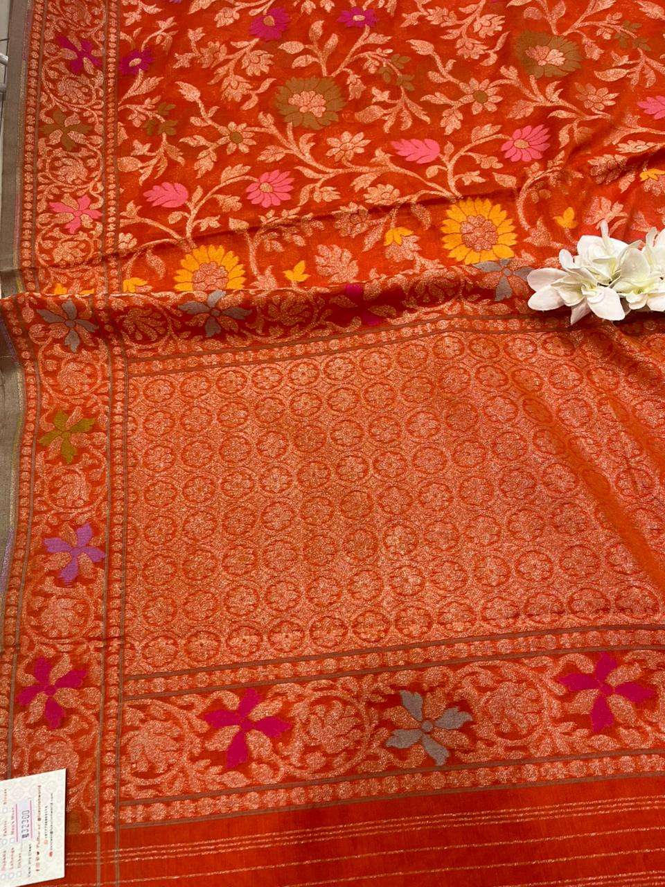 Orange Handloom Banarasi Jamdani Meenakari Pure Katan Silk Saree - Luxurion World