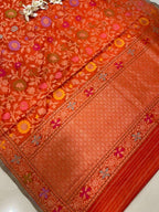 Orange Handloom Banarasi Jamdani Meenakari Pure Katan Silk Saree - Luxurion World