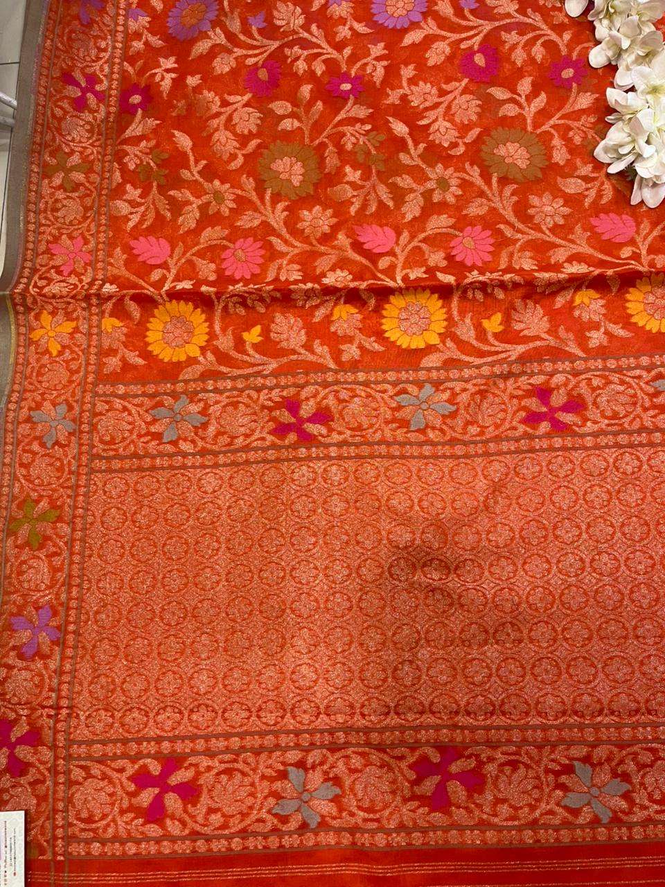 Orange Handloom Banarasi Jamdani Meenakari Pure Katan Silk Saree - Luxurion World