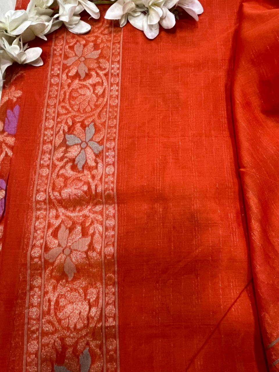Orange Handloom Banarasi Jamdani Meenakari Pure Katan Silk Saree - Luxurion World