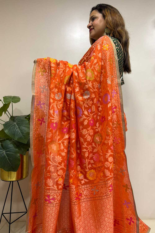 Orange Handloom Banarasi Jamdani Meenakari Pure Katan Silk Saree - Luxurion World