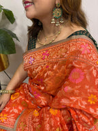 Orange Handloom Banarasi Jamdani Meenakari Pure Katan Silk Saree - Luxurion World