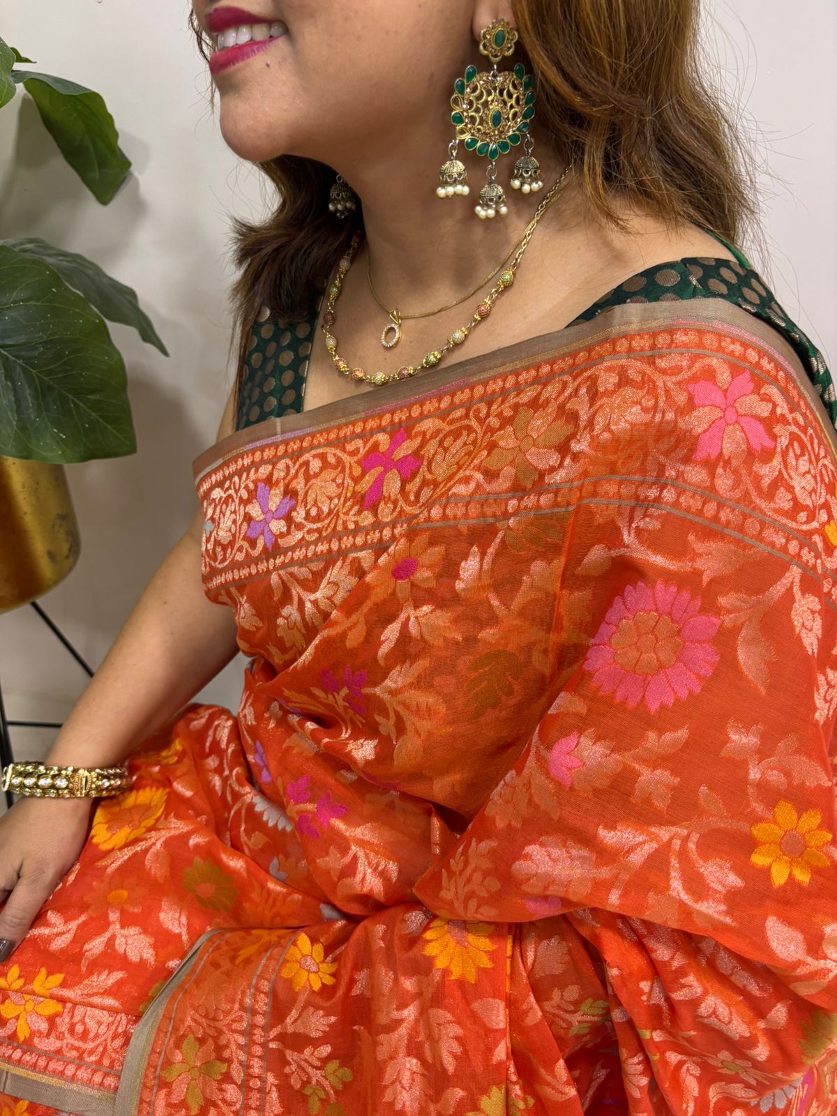 Orange Handloom Banarasi Jamdani Meenakari Pure Katan Silk Saree - Luxurion World