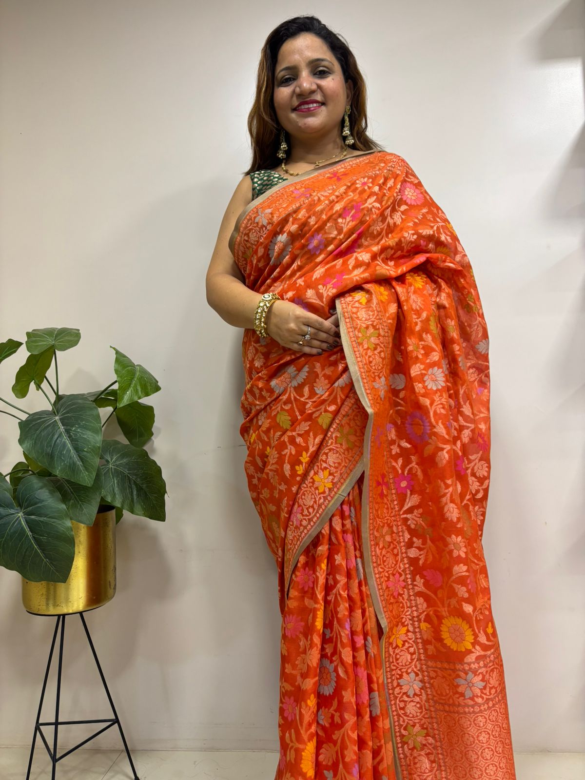 Orange Handloom Banarasi Jamdani Meenakari Pure Katan Silk Saree - Luxurion World