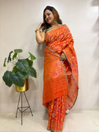 Orange Handloom Banarasi Jamdani Meenakari Pure Katan Silk Saree - Luxurion World
