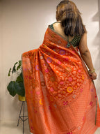 Orange Handloom Banarasi Jamdani Meenakari Pure Katan Silk Saree - Luxurion World