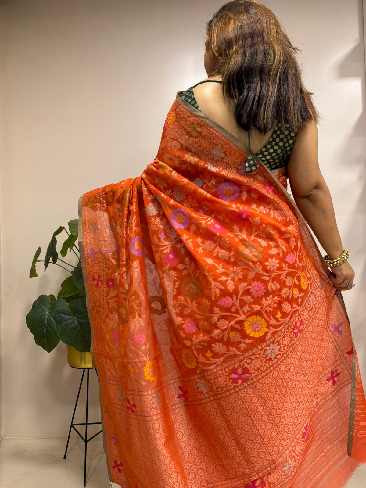 Orange Handloom Banarasi Jamdani Meenakari Pure Katan Silk Saree - Luxurion World