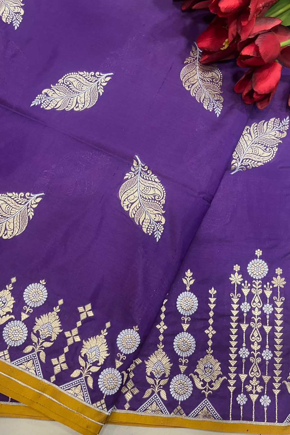 Purple Handloom Banarasi Pure Katan Silk Leaf Design Sona Roopa Saree - Luxurion World